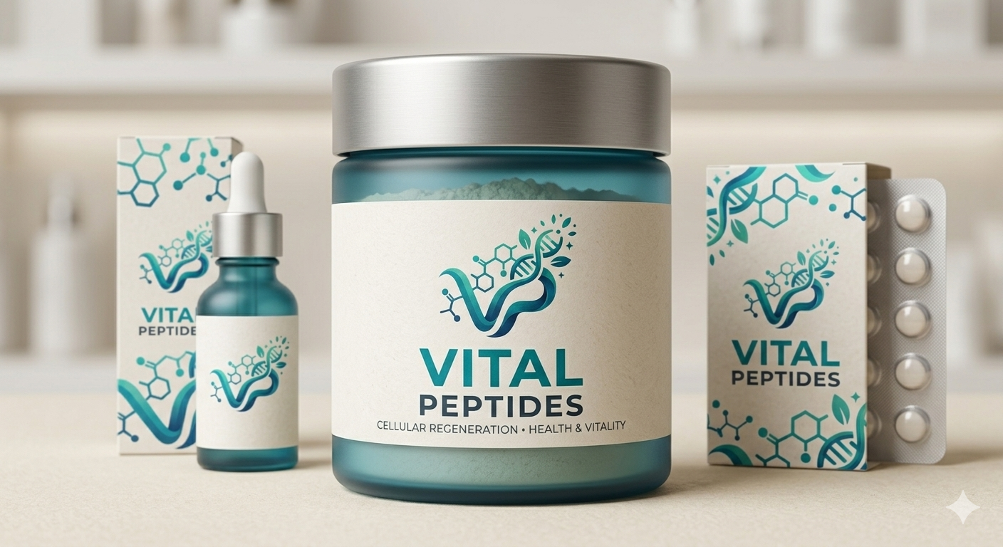 VITALMEDMD peptide therapy product line — vial, jar, and packaging